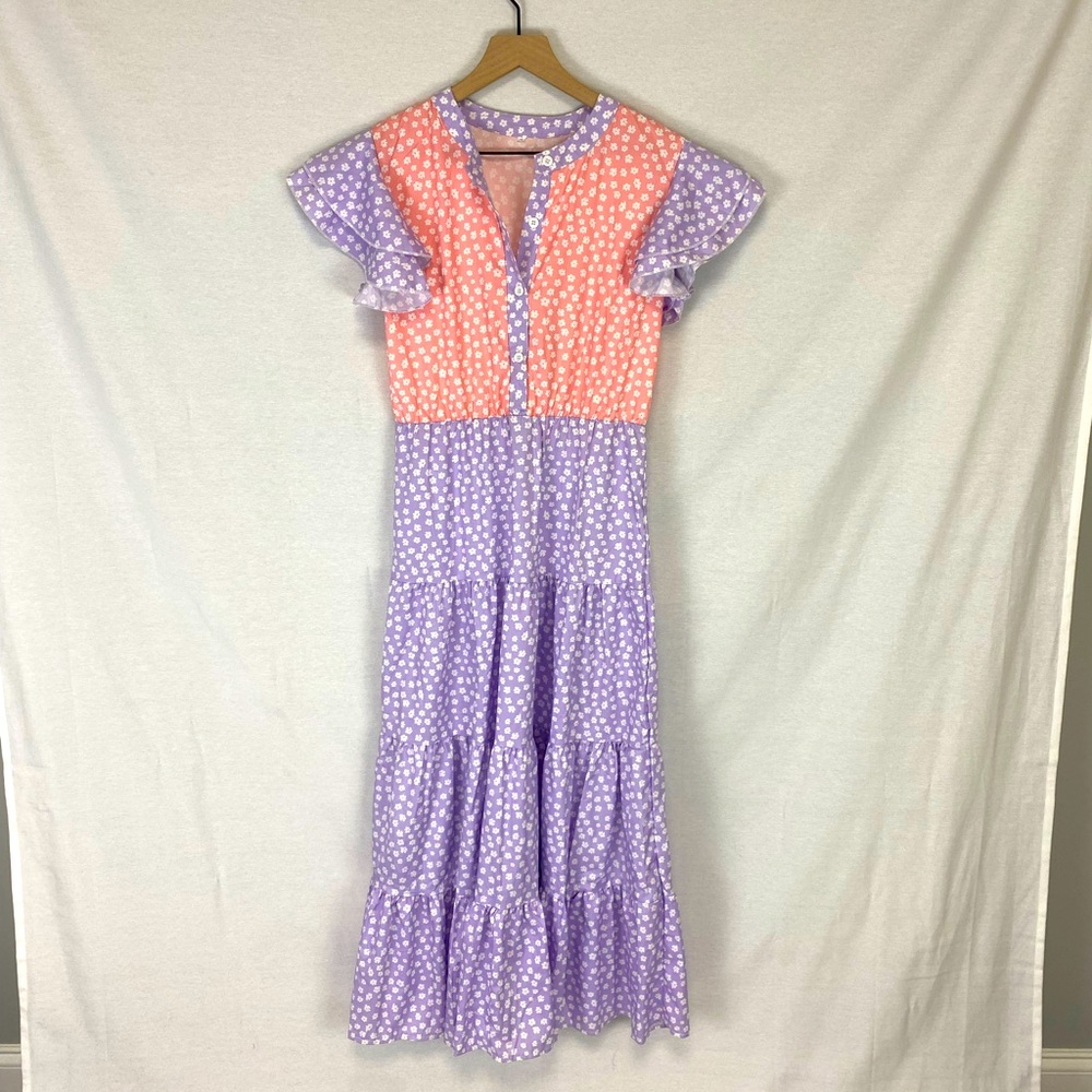 Purple and Orange Patterned Midi Dress